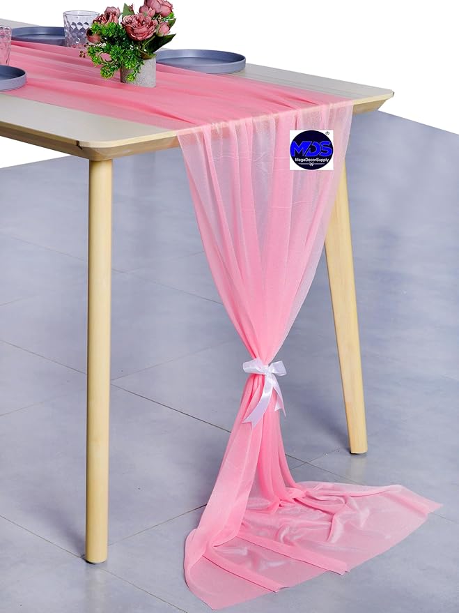 MDS 15 Pack 10ft Chiffon Table Runner 29 x 120 Inches Sheer Wedding Runner Romantic Rustic Table Runner for Wedding Decorations, Birthday Parties, Bridal Shower Party Arch Decor - Coral
