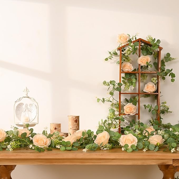 Dolicer 4Pcs 26Ft Artificial Eucalyptus Garlands with Flowers - 8 Roses, Faux Floral Greenery Garlands Fake Flowers Vines for Wedding Table Centerpieces Arch Party Ceremony Backdrop Decor (Champagne)