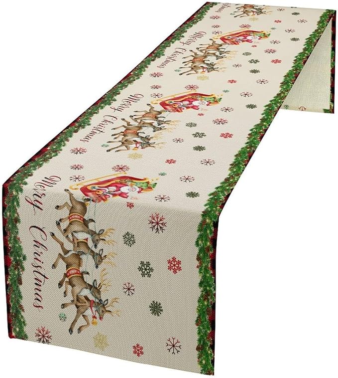 Christmas Table Runner,Xmas Deer Cute Santa Claus Red Plaid Pattern Printed Tablecloth Burlap for Hotel Indoors Outdoor Dining Room Kitchen Home Decor,W13X L108 in