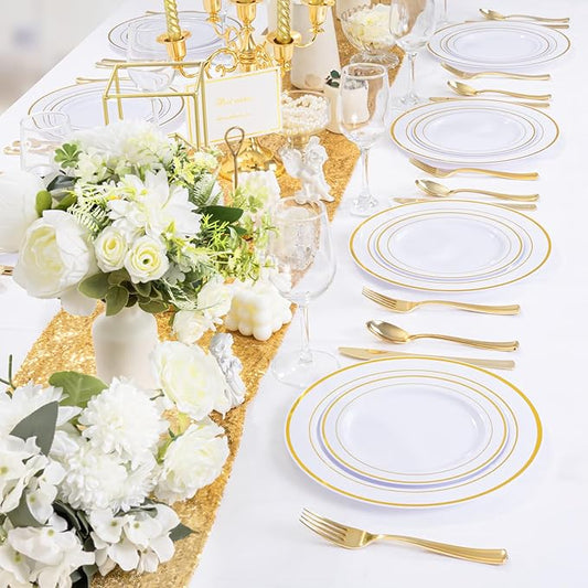 350 Pieces White and Gold Plastic Plates - 50 Guest Thanksgiving Dinnerware Set Include 100 Plates, 50 Plastic Silverware, 50 Napkins and 50 Cups for Thanksgiving