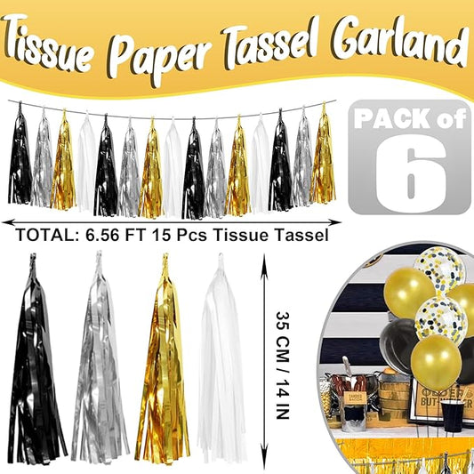 6P Black Gold Silver Foil Fringe Metallic Tassel Garland, Tassels Banner Streamers for Parade Floats, Bachelorette, Wedding, Birthday, Graduation, Christmas, Bridal/Baby Shower Party Decorations