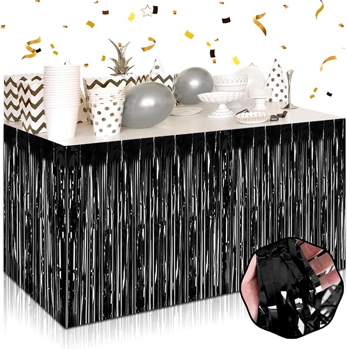 3 Pack 29 x108 Inch Black Foil Fringe Table Skirts Metallic Banner for Tinsel Streamer Garland Backdrop for Parade Floats Wedding Thanksgiving Birthday Christmas Halloween New Year Party Decoration