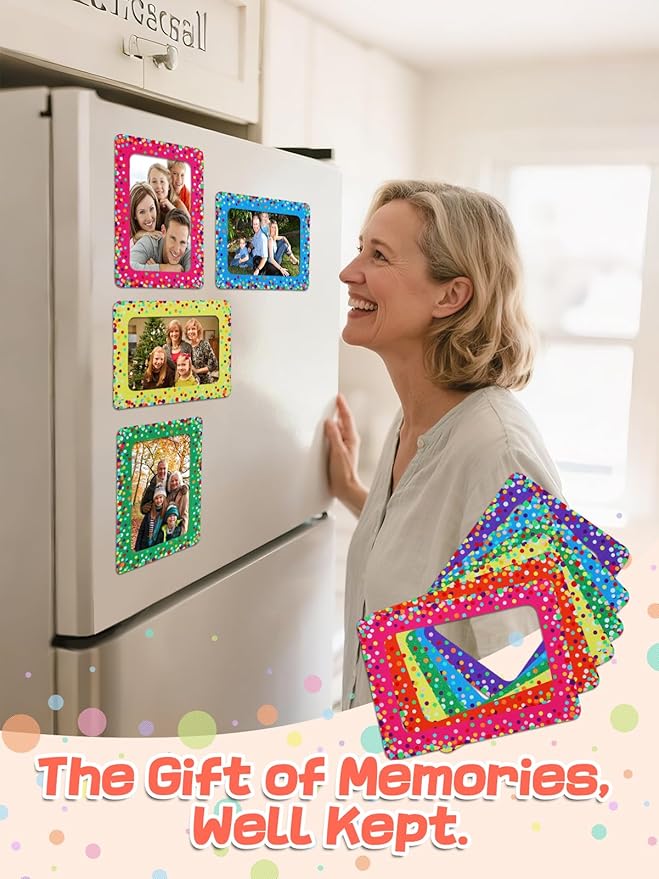 ANPHSIN 12Pcs Magnetic Picture Frame for 4x6in Photo - Cute Magnets Frames Fridge Decor Gifts for Girls Women, Home Refrigerator, Back to School Locker, Classroom Decorations Supplies, Colorful Dots