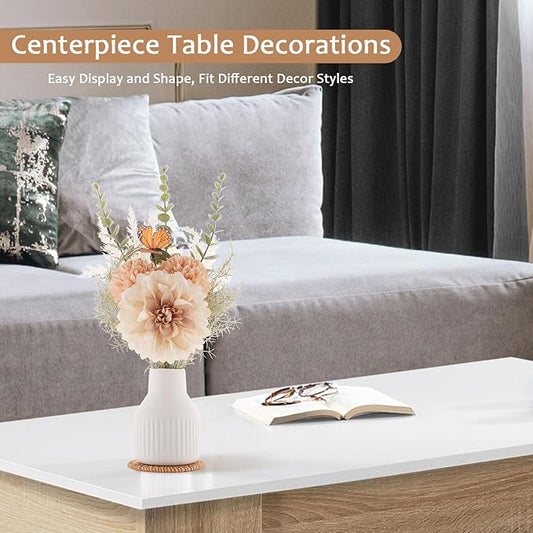 Small Fake Flowers in Vase 14" Centerpiece Table Decorations Silk Flowers Arrangements Ceramic Vase Dahlia Chrysanthemum Artificial Flowers Bouquet for Bathroom Dining Room Kitchen Wedding (White)