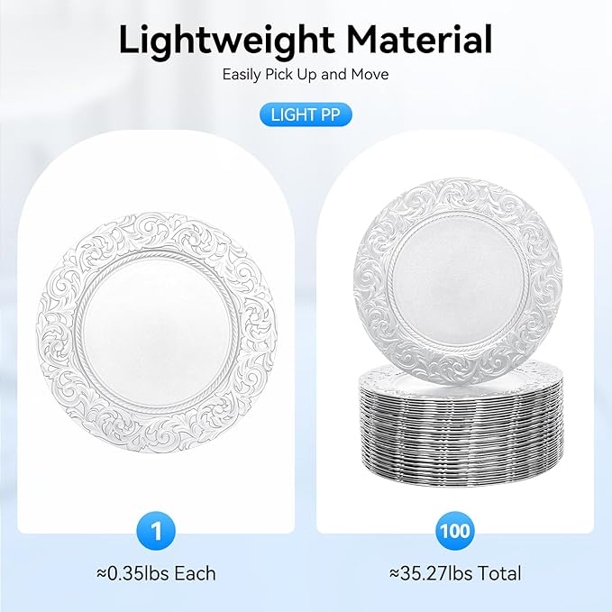 Antique Charger Plates Set, 100 Pcs 13in Plastic Embossed Dinner Plate, Round Phoenix Pattern Elegant Floral Plates for Dinner Wedding Party Event Table Setting Decoration (Silver)