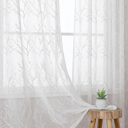 VISIONTEX Sheer Curtains 95 inch Length 2 Panels Set, Decorative Beige Coral Embroidery, Rod Pocket Embroidered Window Drapes for Living Room and Bedroom, 54" x 95"