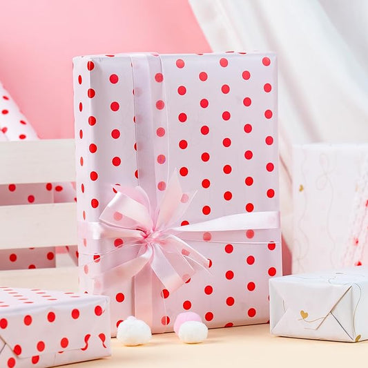 Flyhill Red Polka Dot Wrapping Paper,Reversible Pink Gold Elegant Bow & Heart Gift Wrap Suitable for Birthday,Girls,Baby Shower,Wedding (17 Inch X 32.8 Feet)