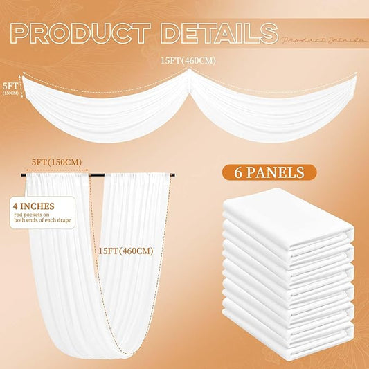 6 Panels White Ceiling Drapes for Wedding 5ftx15ft - Wedding Arch Draping Fabric Cheesecloth Sheer Curtain - Romantic Decorations for Party Banquet Ceremony Stage