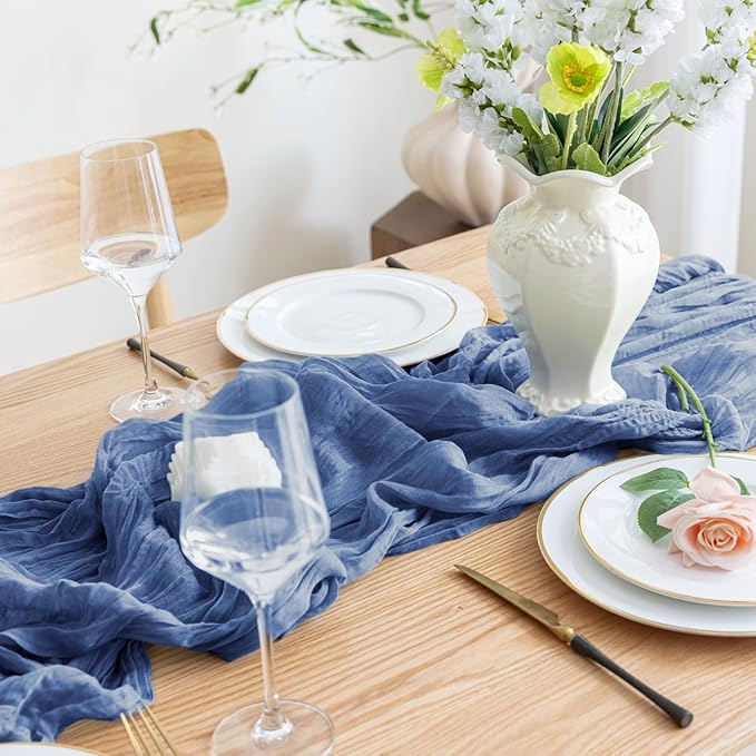 Asee'm Cheesecloth Table Runner 120 Inches Blue Boho Gauze Cheese Cloth Runner 10FT Rustic Sheer Dining Table Runners for Fall Thanksgiving Wedding Baby Shower Centerpiece Decoration