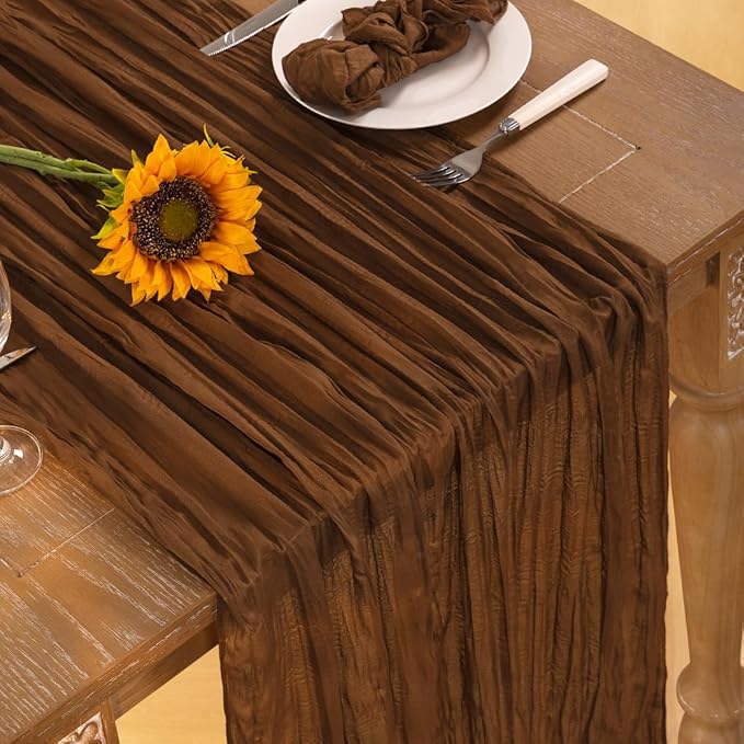 Brown Cheesecloth Table Runner Tan Fall Table Runner Boho Gauze 120 Inches Marron Cheese Cloth Fall Table Decorations for Thanksgiving Wedding Bridal Baby Shower Tea Party Decor