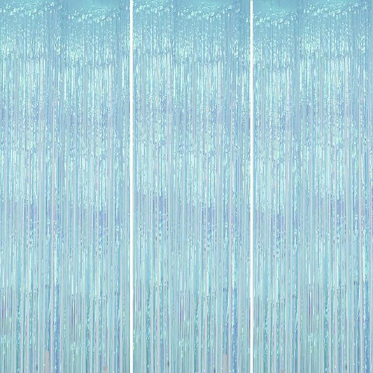 3 Pack Foil Fringe Backdrop - Transparent Blue Shiny Tinsel Curtains for Party Decoration/Photo Booth Props - 3.3x8.2FT Metallic Foil Backdrop for Birthday, Wedding, Graduation, Christmas