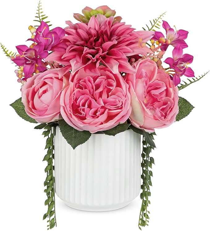 Briful 13" Faux Flower Arrangement in White Ceramic Vase – Pink Artificial Peony & Dahlia Silk Flower Centerpiece with Succulent Fake Potted Flowers for Home Office Tabletop Wedding Decor