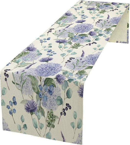 Spring Hydrangea Flower Table Runner, Seasonal Summer Plants Watercolor Eucalyptus Leaves Purple Florals Dinner Runner for Home Kitchen Dining Table Party Holiday Decoration 13"x90"