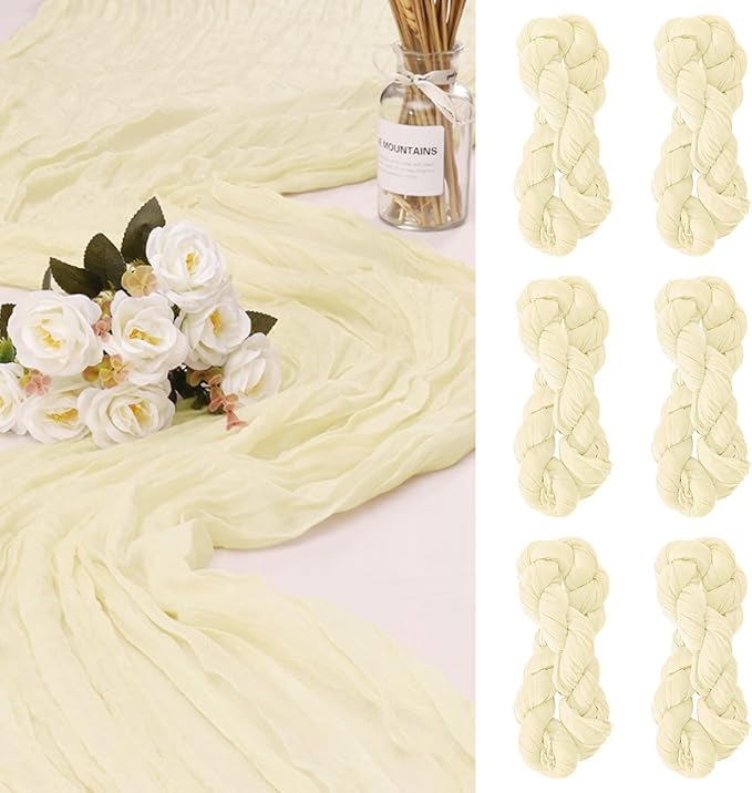 6 Pack Cheesecloth Table Runner 10Ft Christmas Gauze Boho Table Runners for Wedding Decor Bridal Shower Decorations Baby Shower Party(35" x 120")