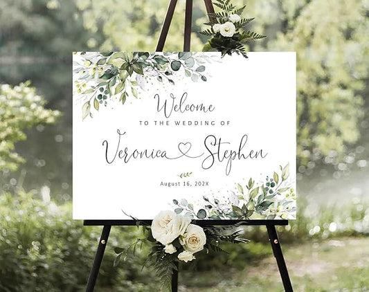 Welcome Wedding Signs, Minimalist White Floral Wedding Sign Decorations Signage 12" X 18" (Small), 27" (Medium), 36" (Large), Plastic, Modern, Pole Mount, Weather