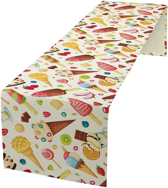 Ice Cream Table Runner, Fruit Ice Popsicles Cold Summer Desserts Seasonal Dinner Runner for Party Holiday Home Kitchen Dining Table Decor 13"x90"