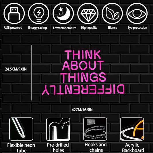 Think About Things Differently Neon Sign, Dimmable Office Neon Light, Pink Letter LED Light Up Sign for Classroom, Bedroom, Office, Study Room, Library Decoration
