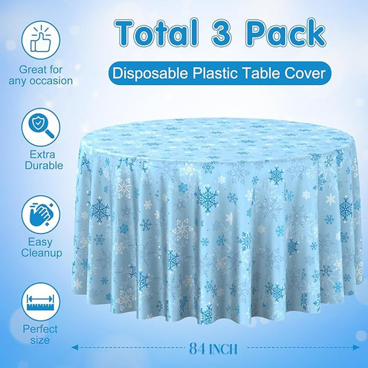 3Pcs Christmas Snowflake Plastic Party Tablecloth Decorations,Disposable Light Blue Snowflake Xmas Round Table Cover Backdrop for Winter Onederland Christmas Holiday Party Supplies,84 inch(Light Blue)