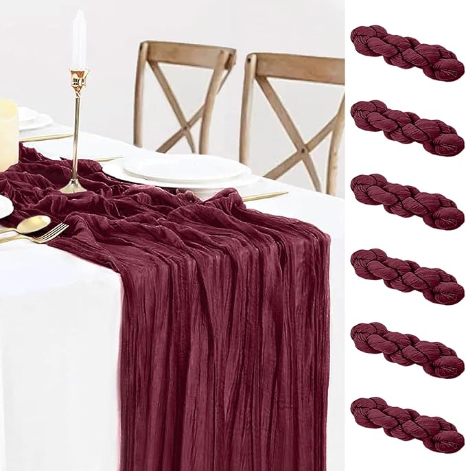 6 Pack Burgundy Table Runner Cheesecloth Gauze Red Table Runner 35x120 Inch Rustic Boho Cheese Cloth Sheer Runner for Wedding Baby Shower Bridal Shower Birthday Party Christmas Decorations