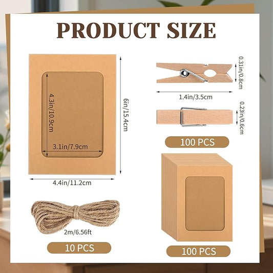 100 Pack Paper Picture Frames, 4x6 Inch Photo Strip Frame Hanging Photo Display Banner, Kraft Photo Holder with Wooden Clips and String for Wall Decor and Party Supplies