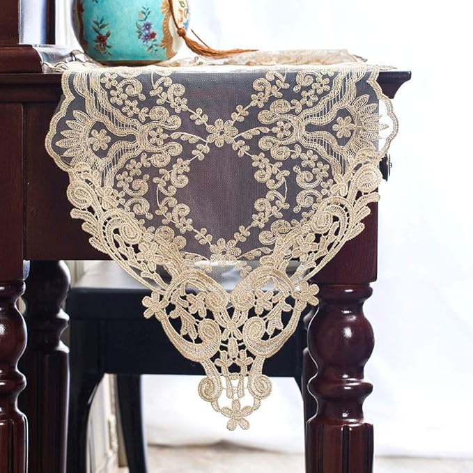 ARTABLE Rectangle Table Runner Lace Macrame Embroidered Table Runners with Exquisite Vintage Shabby Chic for Holiday Wedding Long Dinner Tables (Light Gold, 12 x 48 Inch)