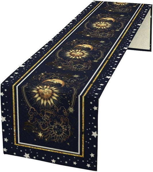 Sun Moon Table Runner, Seasonal Golden Sun Moon Holiday Kitchen Dining Table Runner for Kitchen Living Room Home Party Decor 13x36 Inch