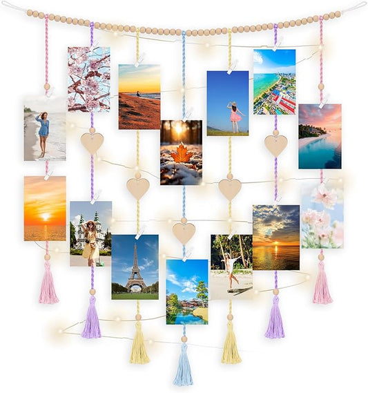 Boho Macrame Wall Decor with Hanging Photo Display and Fairy Lights 14 Wood Clips Picture Frame Holder for Teen Girl Gifts Bedroom Dorm Decor Christmas Birthday Party Art Hanging Decor