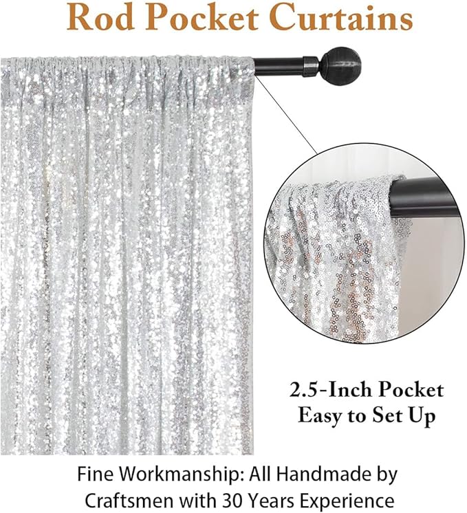 ShinyBeauty Sequin Curtains 2 Panels Silver 2FTx8FT Sequin Photo Backdrop Silver Sequin Backdrop Curtain Pack of 2-1011E