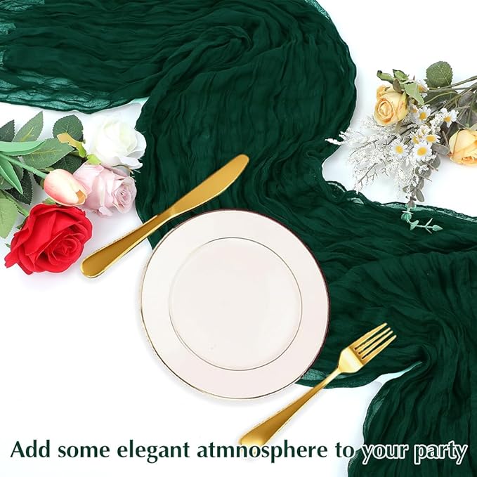 Blackish Green Cheesecloth Table Runner -21*120Inch Long Boho Wedding Table Decor, Rustic Gauze Fabric Runner for Bridal Showers, Baby Showers & Parties (Sheer, Lightweight, Wrinkled Design)