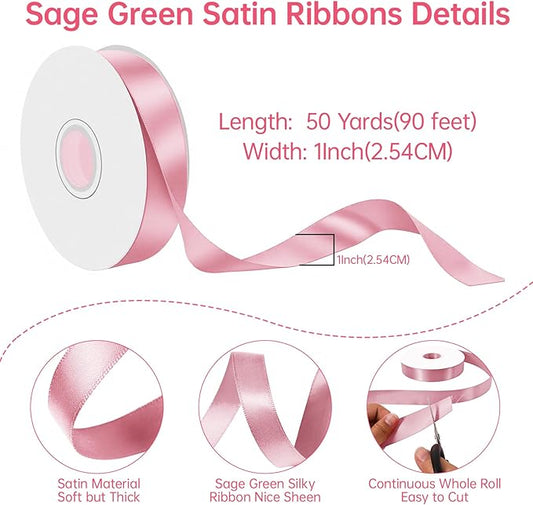 Pink Satin Ribbon 1 Inch Wide x 50 Yards, Double Faced Polyester Ribbon for Gift Wrapping, Wedding Decor, DIY Bows and Party Supplies