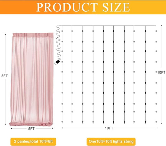 Fomcet Dusty Rose Tulle Backdrop Curtains with Lights String 10FT X 8FT Sheer Curtain with Lights Tulle Curtains Backdrop for Wedding Birthday Party Photo Shoot (2 Panels 5x8FT)