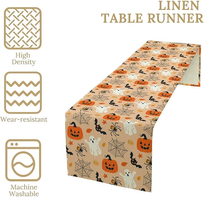 Halloween Table Runner,Cute Ghost Pumpkin Leaves Table Runner for Kitchen Dining Table Decoration Home Party Decor 13x90 Inch