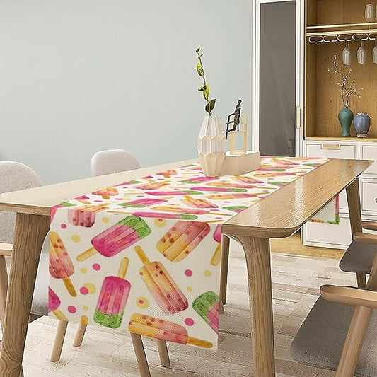 Ice Cream Popsicles Table Runner, Watercolor Summer Seasonal Fruit Peach Kiwi Berry Popsicles Orange Pink Sweet Dessert Dinner Runner for Party Holiday Home Kitchen Dining Table Decor 13"x90"