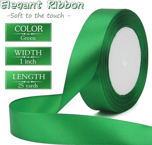 Green Solid Satin Ribbon 1 Inch 25 Yards Solid Polyester Fabric Ribbon for Gift Wrapping Wedding Christmas Baby Shower Birthday Party Decoration Handmade Immortal Flower Craft