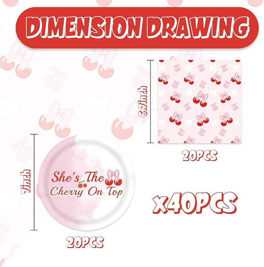 40pcs Cherry Birthday Decorations Bow Cherry Themed Plates and Napkins for Fruit Cherry Theme Birthday Baby Shower Table Decorations,for 20 Guests