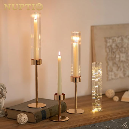 NUPTIO Hurricane Candle Holder for Centerpiece: Set of 6 Tall Candle Stick Holder with Ribbed Glass Cover - Bulk Fluted Taper Candlestick Decor for Living Room Thanksgiving Christmas