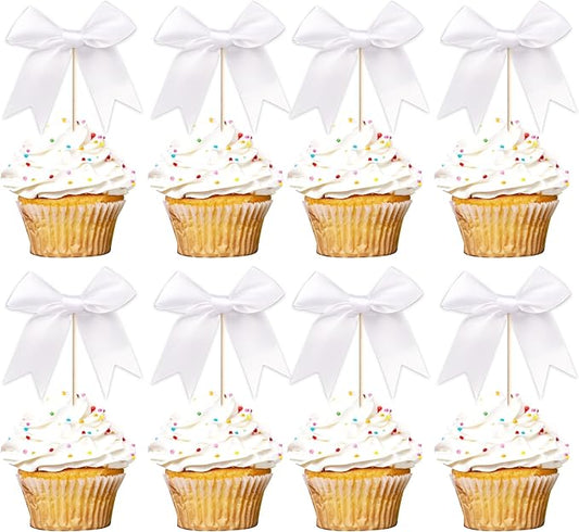 24 PCS Bow Cupcake Toppers Bowknot Cake Toppers Bow Cupcake Picks Bowknot Birthday Party Decorations Bow Cake Dessert Picks for Wedding Bridal Engagement Baby Shower Birthday Party Supplies White