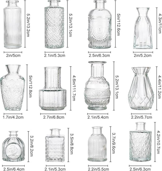 12 Pcs Small Glass Bud Vase Set of，Mini Vintage Vases in Bulk, Clear Bud Vases for Centerpieces， Rustic Wedding Decorations，Home Table Flower Décor.