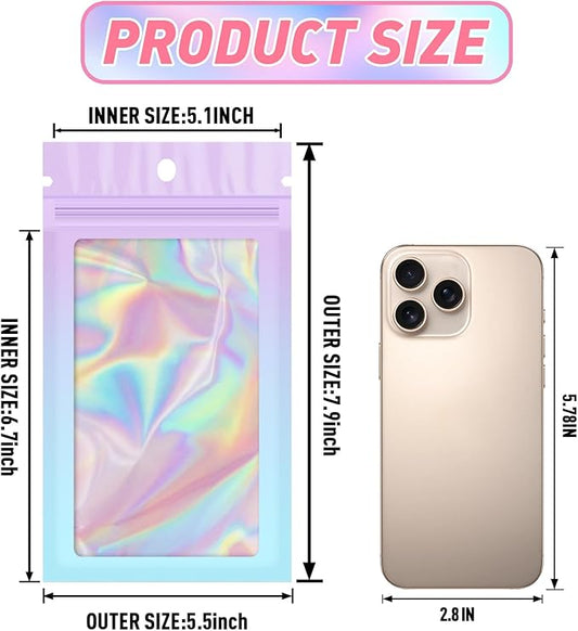 Funfery 100 Pack Gradient Holographic Bags,Mylar Resealable Bag with Zipper,Clear Window Packaging Pouch,Smell Proof Bags for Food Storage,Sample Jewelry Baggies(5.5x7.9In,Purple Blue)