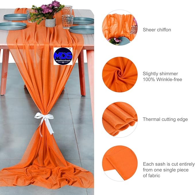 MDS 20 Pack 10ft Chiffon Table Runner 29 x 120 Inches Sheer Wedding Runner Romantic Rustic Table Runner for Wedding Decorations, Birthday Parties, Bridal Shower Party Arch Decor - Orange