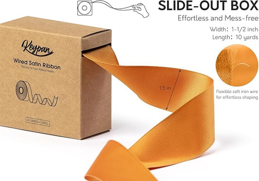 Orange Satin Ribbon Double-Faced Wired Ribbons for Gift Wrapping Flower Bouquet Bows Wedding Invitation Christmas Decor Crafts 1-1/2 Inch 10 Yards