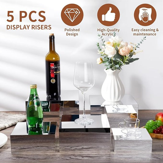 Acrylic Risers for Display 5 Pcs, Food Risers for Party Silver Acrylic Risers Display Stands Acrylic Box Nesting Display Risers for Jewelry Bag Cosmetics Catering Dessert Collectibles