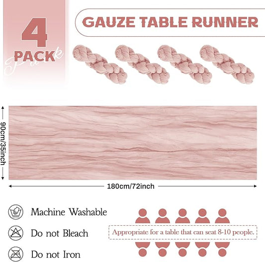 Aktor 4 Pack Dusty Pink Table Runner Boho Cheesecloth Table Runner Semi Sheer Gauze Fabric Runners for Wedding Birthday Baby Shower Party Boho Table Decoration（Dusty Pink）