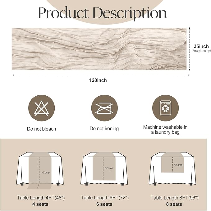 2 Pcs Begie Cheesecloth Table Runner - 120 inch 10FT Boho Rustic Gauze Cheese Cloth Table Runner Decor for Spring Summer Party Wedding Birthday Baby Bridal Shower Home
