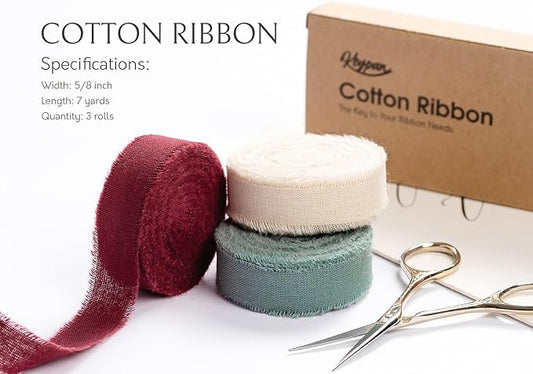 Christmas Ribbon Set 5/8" x 21 Yards with Frayed Fringe Fabric Cotton Ribbons for Gift Wrapping Wedding Invitations Flower Bouquet Baby Shower