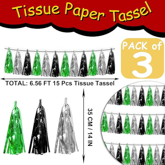 3P Black Silver Green Metallic Fringe Tassel Banner Garland Foil Tinsel Streamer Wall Hanging Curtain Backdrop Banner for Parade Floats, Graduation Decorations, Halloween, Christmas Decorations