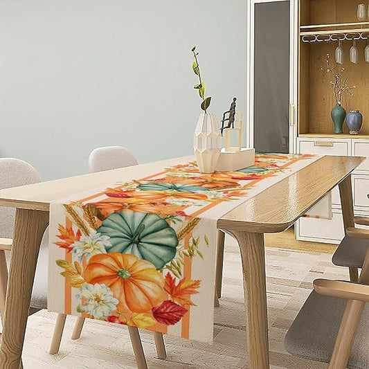 Autumn Table Runner,Orange Pumpkin Flowers Leaves Fall Table Runners Seasonal Kitchen Dining Table Decor for Thanksgiving Harvest Home Holiday Party 13x108 Inch