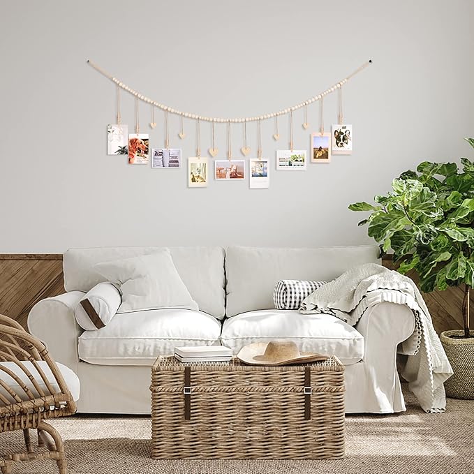 Hanging Photo Display Room Wall Decor, Boho Collage Picture Frame Christmas Cards Holder with 9 Wood Clips and 6 Wooden Hearts Tags, Xmas Card Display for Bedroom, Office, Nursery, Dorm Decor, 2 Pack