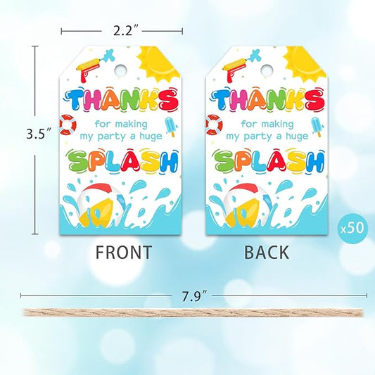 50pcs Pool Party Thank You Tags, Splish Splash Favor Tags for Summer Beach Ball Themed Birthday and Baby Shower Party Gift Wrapping Decoration (Splash)