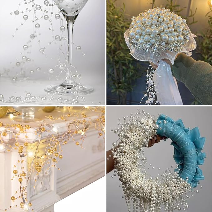 98FT Pearl Beads String Garland, 8mm 3mm Iridescent Faux Pearl Beads Roll Strand Bulk for Wedding Party Flower Christmas Decoration DIY Craft